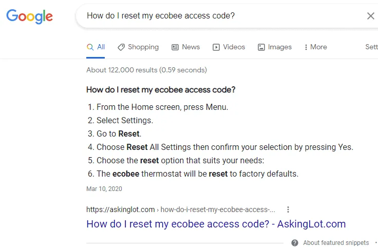 Google screenshot: Reset Ecobee access code